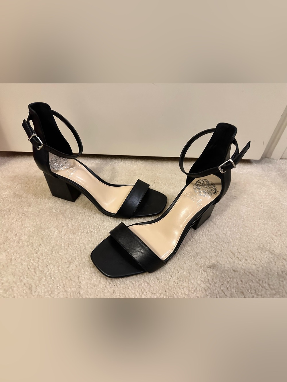 Vince Camuto Black Square-Toe Ankle-Strap Block Heel Sandals
